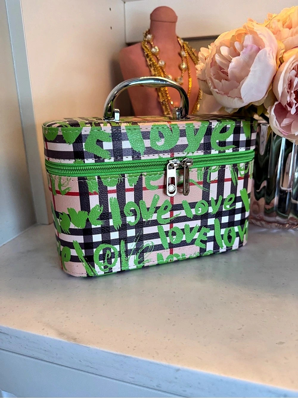 Graffiti Plaid Train Case Cosmetic Case in Green and checkered plaid NEW FRESH! - Picture 3 of 16